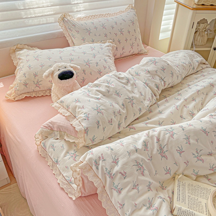 91家纺网 家纺一手货源 找家纺 金梦拉家纺 2025新款提花纱布皱皱纱四件套（全棉镂空花边款） 镂空花边-惠心