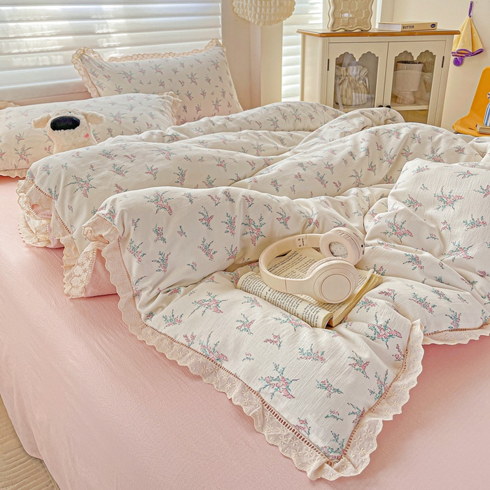 91家纺网 家纺一手货源 找家纺 金梦拉家纺 2025新款提花纱布皱皱纱四件套（全棉镂空花边款） 镂空花边-惠心