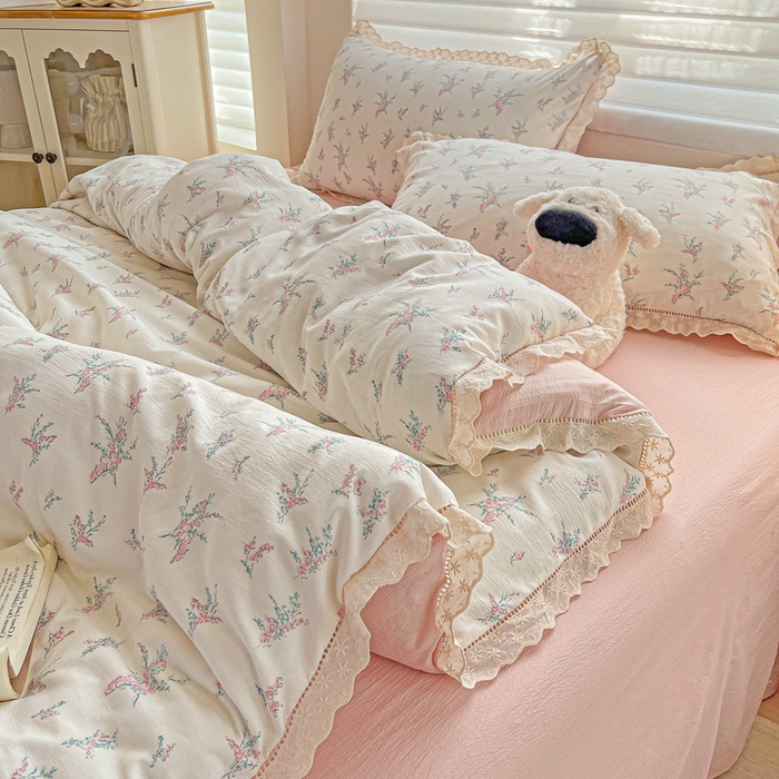 91家纺网 家纺一手货源 找家纺 金梦拉家纺 2025新款提花纱布皱皱纱四件套（全棉镂空花边款） 镂空花边-惠心