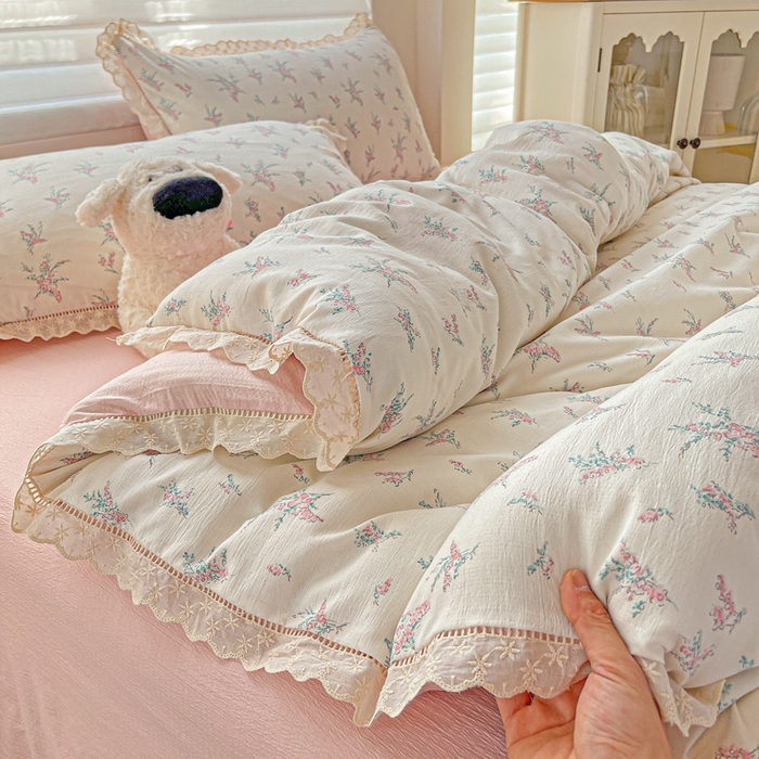 91家纺网 家纺一手货源 找家纺 金梦拉家纺 2025新款提花纱布皱皱纱四件套（全棉镂空花边款） 镂空花边-惠心