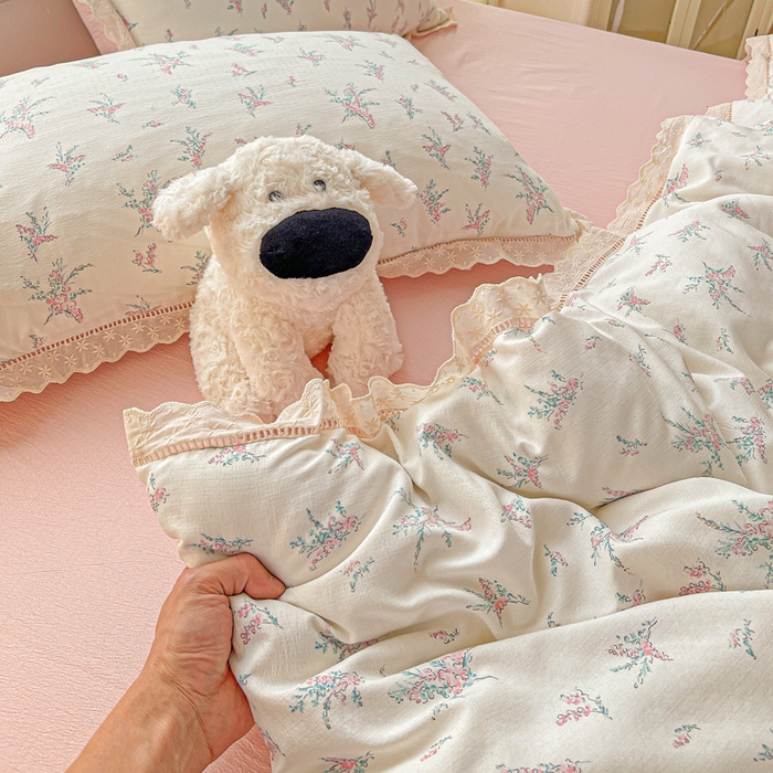 91家纺网 家纺一手货源 找家纺 金梦拉家纺 2025新款提花纱布皱皱纱四件套（全棉镂空花边款） 镂空花边-惠心