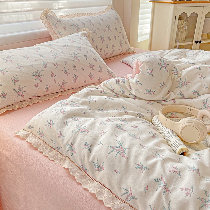 91家纺网 家纺一手货源 找家纺 金梦拉家纺 2025新款提花纱布皱皱纱四件套（全棉镂空花边款） 镂空花边-惠心