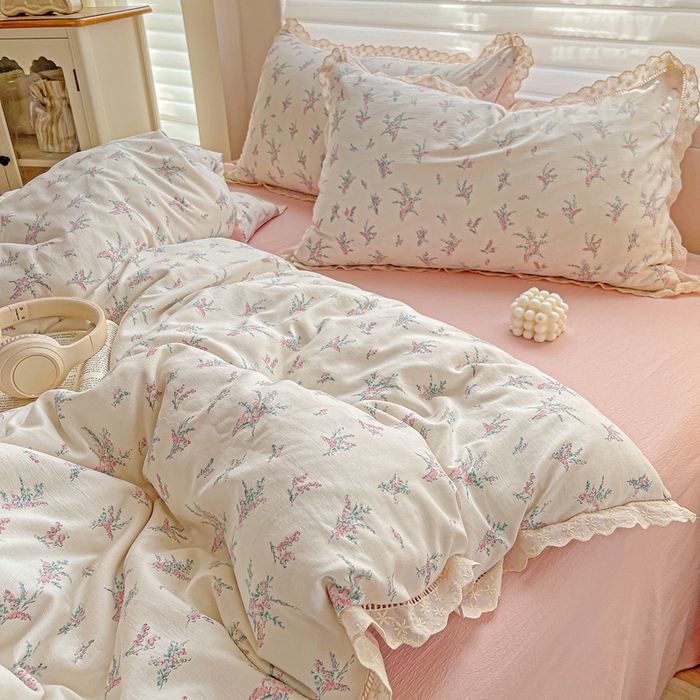 91家纺网 家纺一手货源 找家纺 金梦拉家纺 2025新款提花纱布皱皱纱四件套（全棉镂空花边款） 镂空花边-惠心