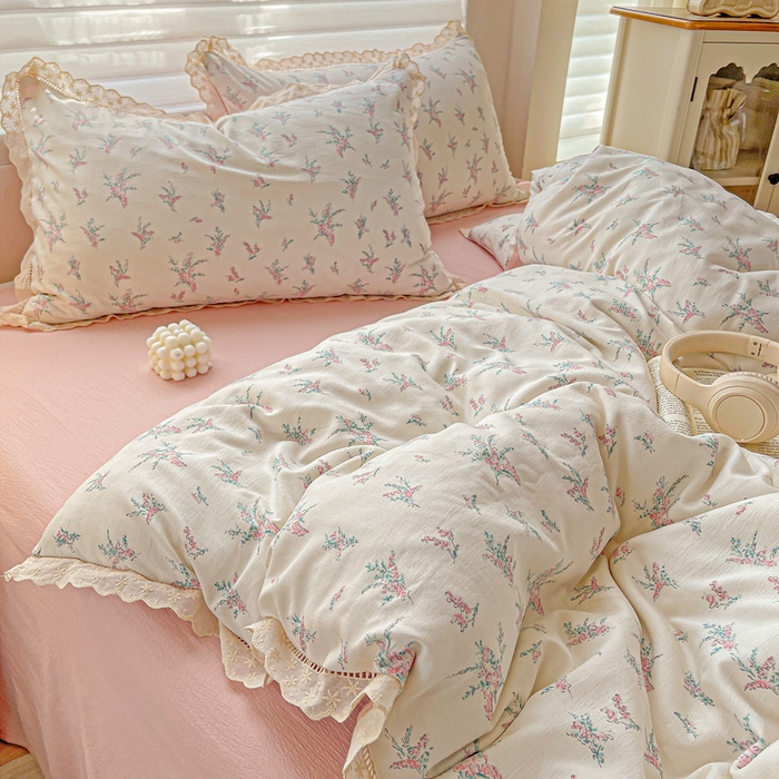 91家纺网 家纺一手货源 找家纺 金梦拉家纺 2025新款提花纱布皱皱纱四件套（全棉镂空花边款） 镂空花边-惠心