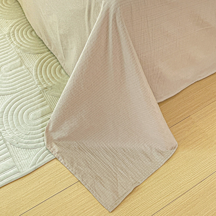 91家纺网 家纺一手货源 找家纺 金梦拉家纺 2025新款提花纱布皱皱纱四件套（全棉镂空花边款） 镂空花边-咖调蝴蝶结