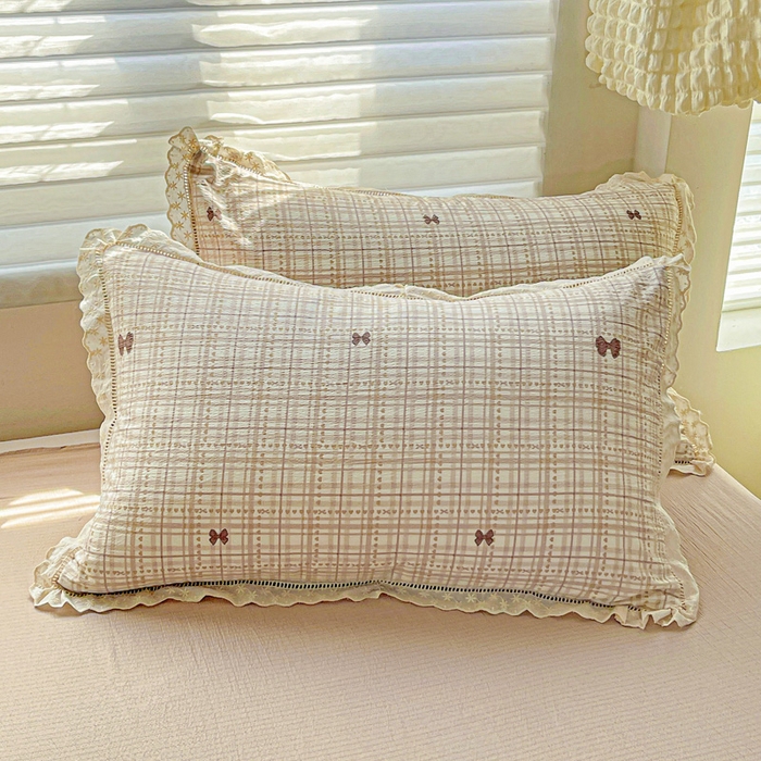 91家纺网 家纺一手货源 找家纺 金梦拉家纺 2025新款提花纱布皱皱纱四件套（全棉镂空花边款） 镂空花边-咖调蝴蝶结