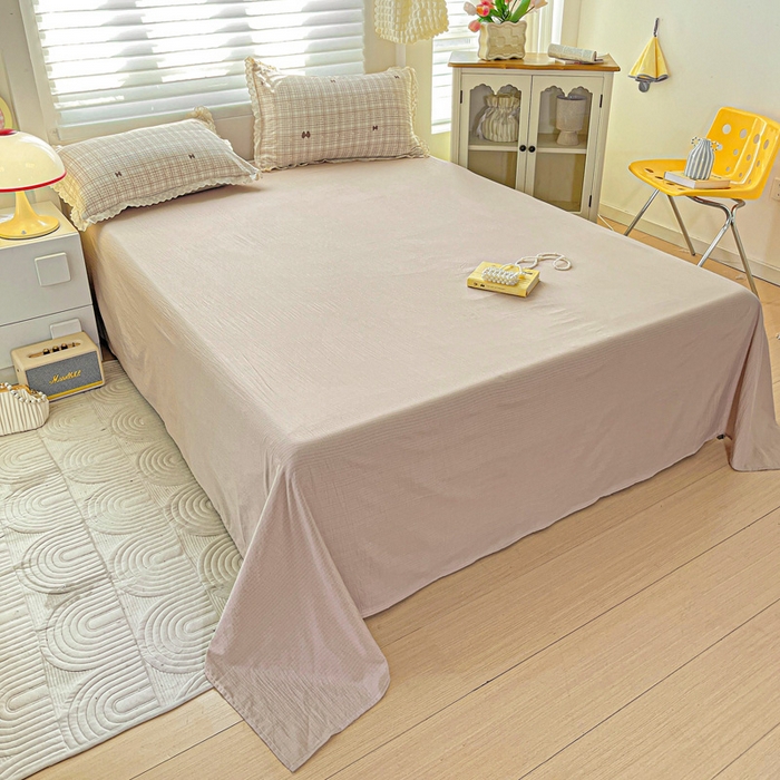 91家纺网 家纺一手货源 找家纺 金梦拉家纺 2025新款提花纱布皱皱纱四件套（全棉镂空花边款） 镂空花边-咖调蝴蝶结