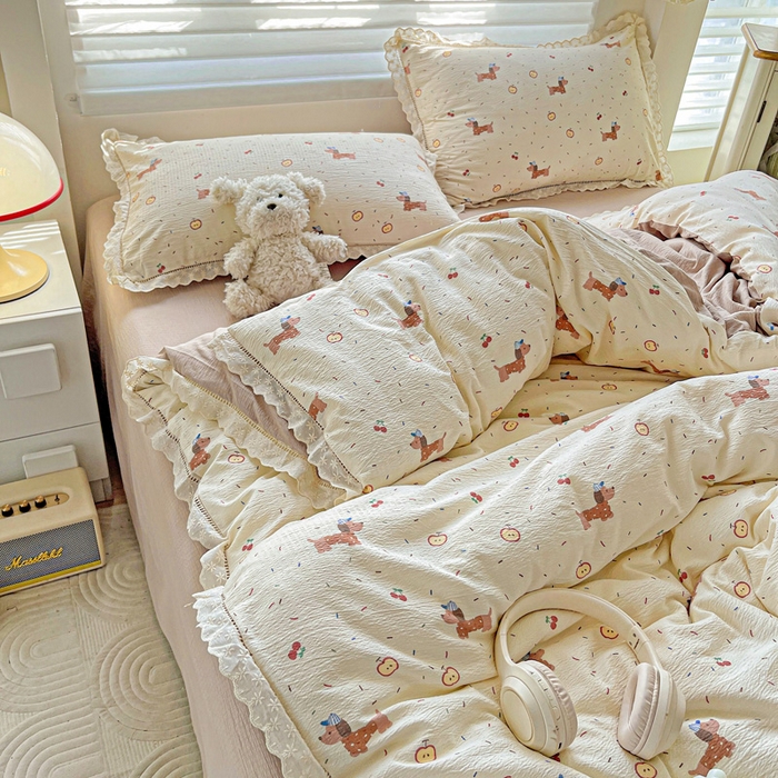 91家纺网 家纺一手货源 找家纺 金梦拉家纺 2025新款提花纱布皱皱纱四件套（全棉镂空花边款） 镂空花边-快乐狗