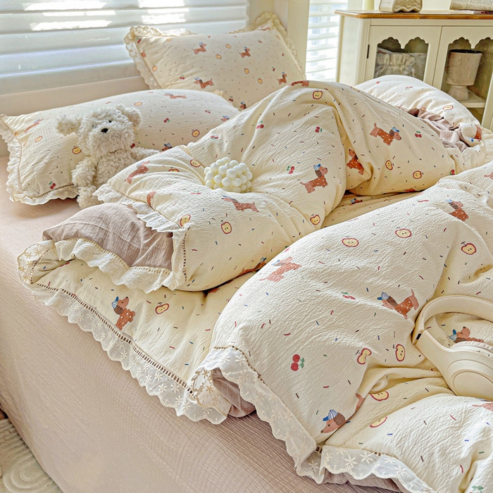 91家纺网 家纺一手货源 找家纺 金梦拉家纺 2025新款提花纱布皱皱纱四件套（全棉镂空花边款） 镂空花边-快乐狗