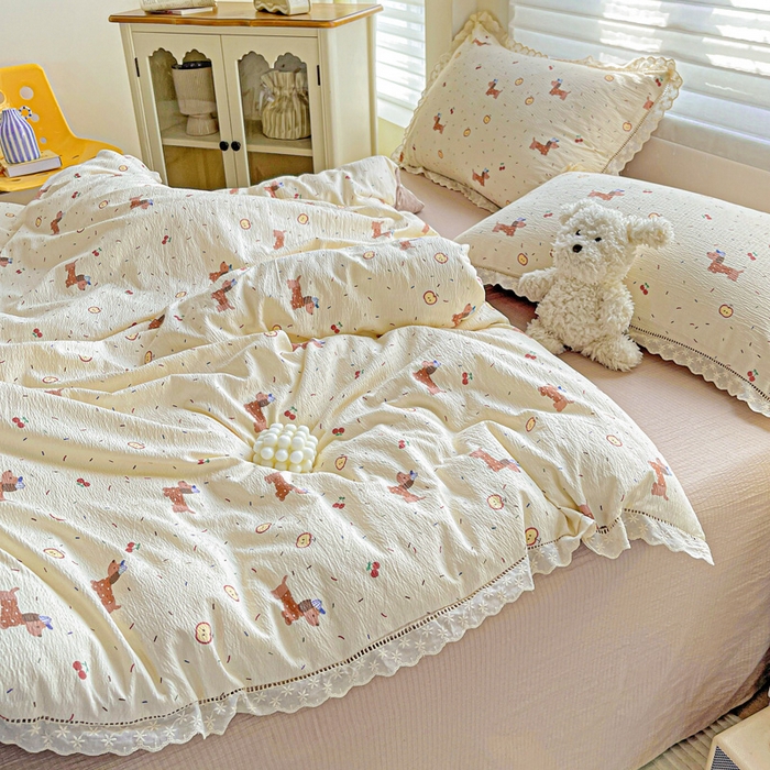 91家纺网 家纺一手货源 找家纺 金梦拉家纺 2025新款提花纱布皱皱纱四件套（全棉镂空花边款） 镂空花边-快乐狗