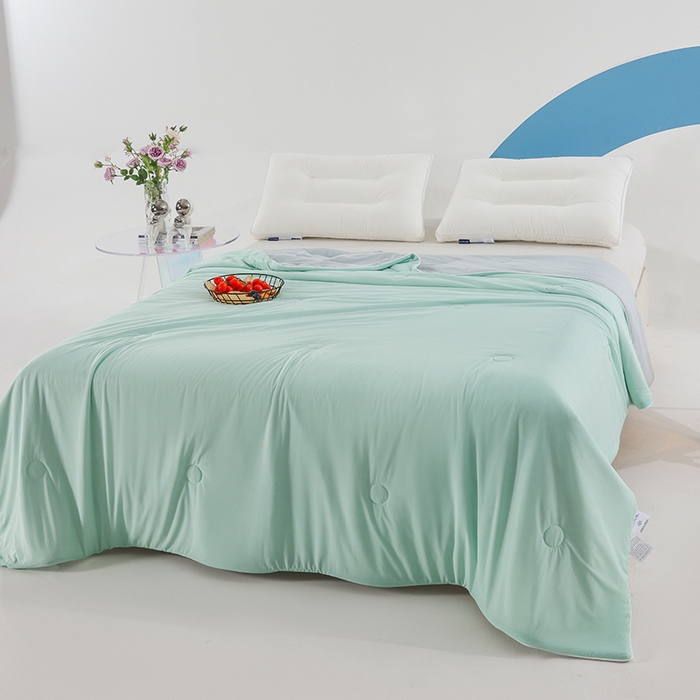 91家纺网 家纺一手货源 找家纺 世爵2025新款氨纶纯色凉感丝夏被被子被芯变凉空调被 薄荷绿拼灰