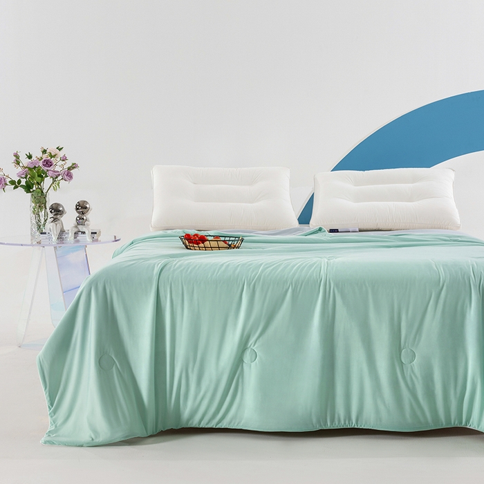 91家纺网 家纺一手货源 找家纺 世爵2025新款氨纶纯色凉感丝夏被被子被芯变凉空调被 薄荷绿拼灰