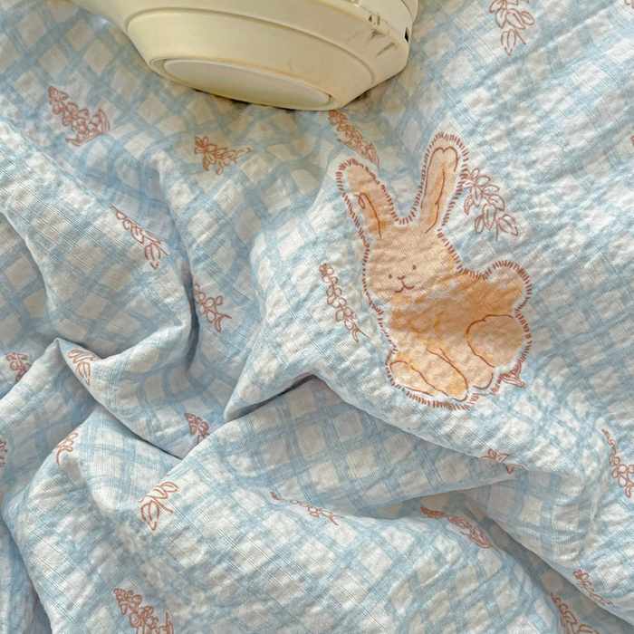 91家纺网 家纺一手货源 找家纺 金梦拉家纺 2025新款提花纱布皱皱纱四件套（全棉镂空花边款） 镂空花边-萌萌兔