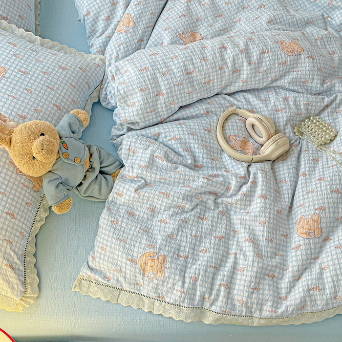 91家纺网 家纺一手货源 找家纺 金梦拉家纺 2025新款提花纱布皱皱纱四件套（全棉镂空花边款） 镂空花边-萌萌兔