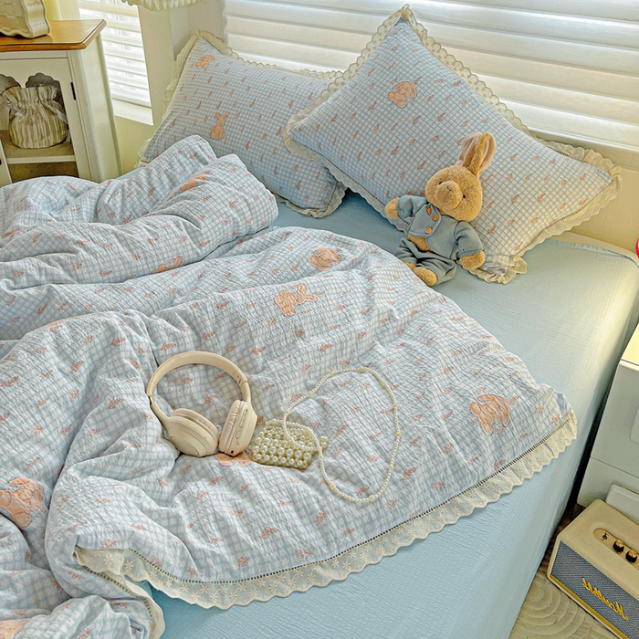 91家纺网 家纺一手货源 找家纺 金梦拉家纺 2025新款提花纱布皱皱纱四件套（全棉镂空花边款） 镂空花边-萌萌兔