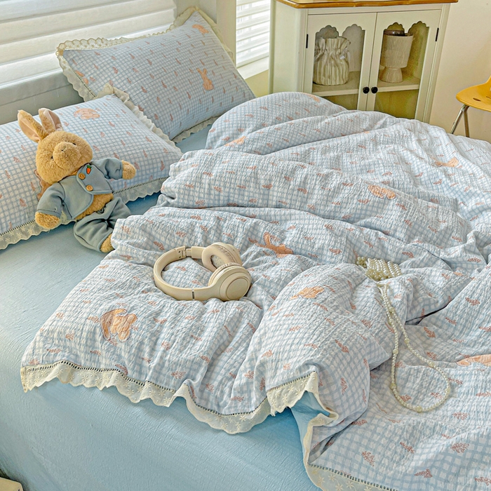 91家纺网 家纺一手货源 找家纺 金梦拉家纺 2025新款提花纱布皱皱纱四件套（全棉镂空花边款） 镂空花边-萌萌兔