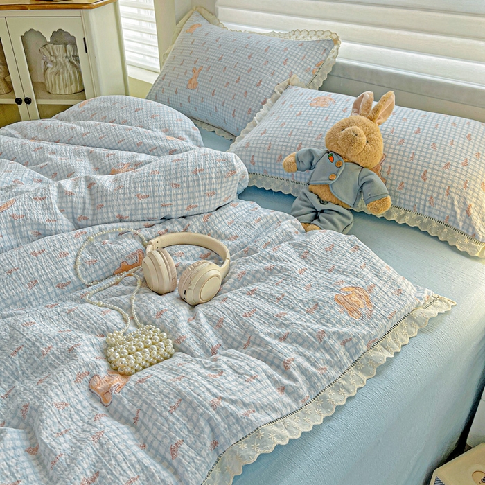 91家纺网 家纺一手货源 找家纺 金梦拉家纺 2025新款提花纱布皱皱纱四件套（全棉镂空花边款） 镂空花边-萌萌兔