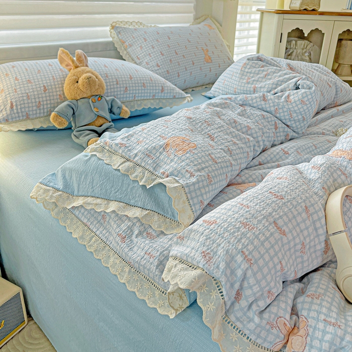 91家纺网 家纺一手货源 找家纺 金梦拉家纺 2025新款提花纱布皱皱纱四件套（全棉镂空花边款） 镂空花边-萌萌兔