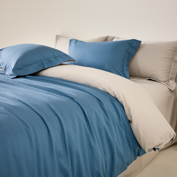 丞音家纺 2025新款A类纯色高档礼盒包装双股高支蜜贡缎100s长绒棉四件套纯棉被套床单 洛克-宾利蓝拼灰