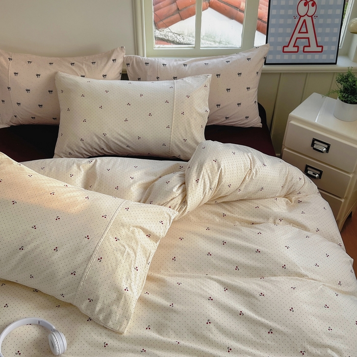 91家纺网 家纺一手货源 找家纺 梦可莱家居 2025春夏新款全棉纯棉针织棉印花四件套 波点车厘子