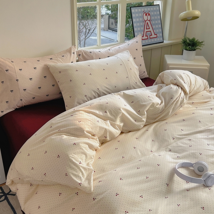 91家纺网 家纺一手货源 找家纺 梦可莱家居 2025春夏新款全棉纯棉针织棉印花四件套 波点车厘子