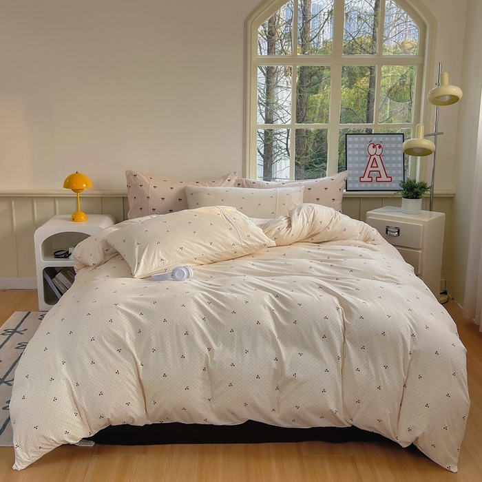 91家纺网 家纺一手货源 找家纺 梦可莱家居 2025春夏新款全棉纯棉针织棉印花四件套 波点车厘子