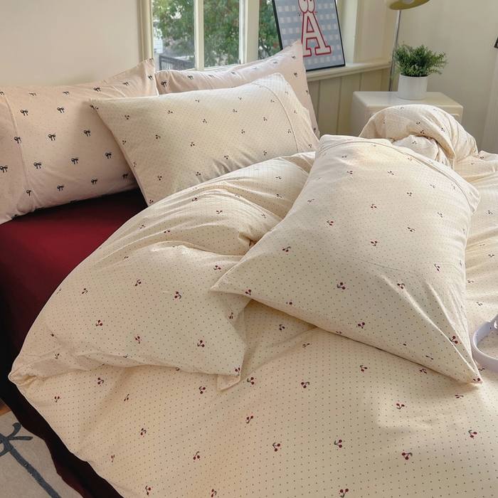 91家纺网 家纺一手货源 找家纺 梦可莱家居 2025春夏新款全棉纯棉针织棉印花四件套 波点车厘子