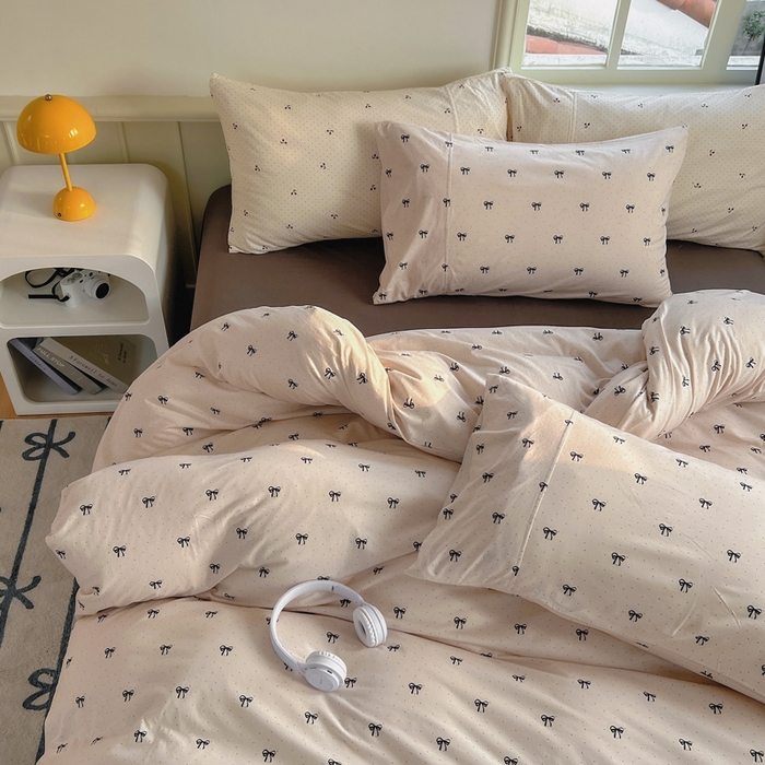 91家纺网 家纺一手货源 找家纺 梦可莱家居 2025春夏新款全棉纯棉针织棉印花四件套 波点蝴蝶结