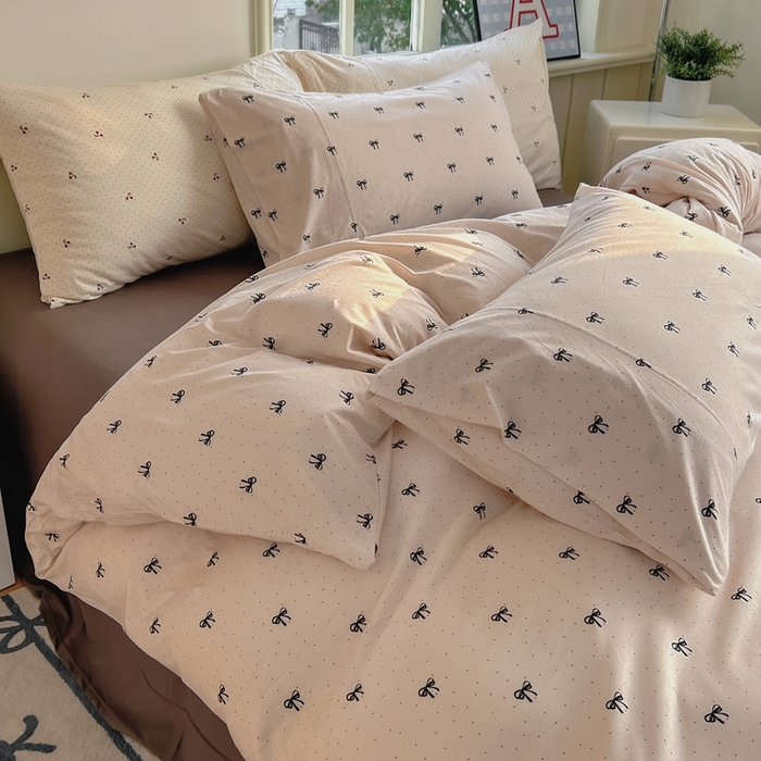 91家纺网 家纺一手货源 找家纺 梦可莱家居 2025春夏新款全棉纯棉针织棉印花四件套 波点蝴蝶结