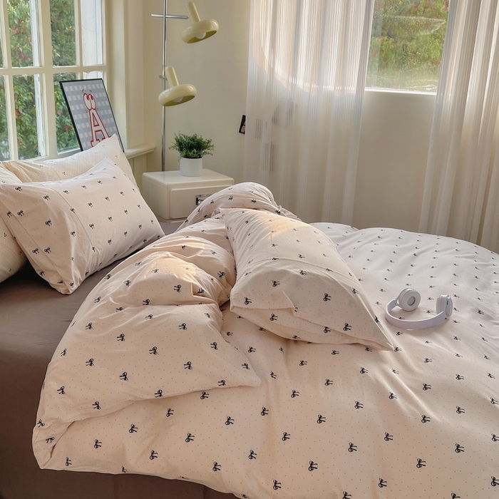 91家纺网 家纺一手货源 找家纺 梦可莱家居 2025春夏新款全棉纯棉针织棉印花四件套 波点蝴蝶结