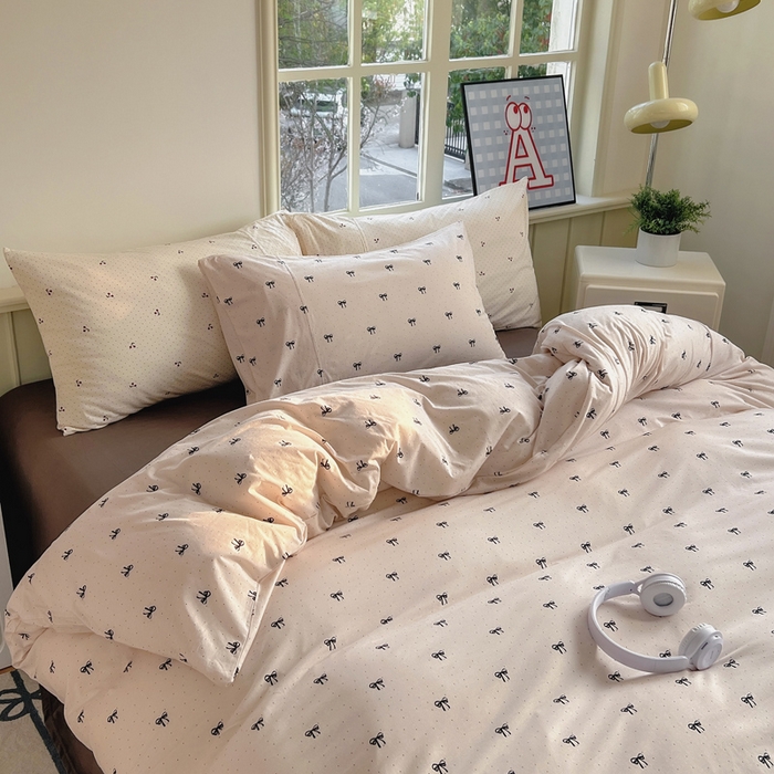 91家纺网 家纺一手货源 找家纺 梦可莱家居 2025春夏新款全棉纯棉针织棉印花四件套 波点蝴蝶结