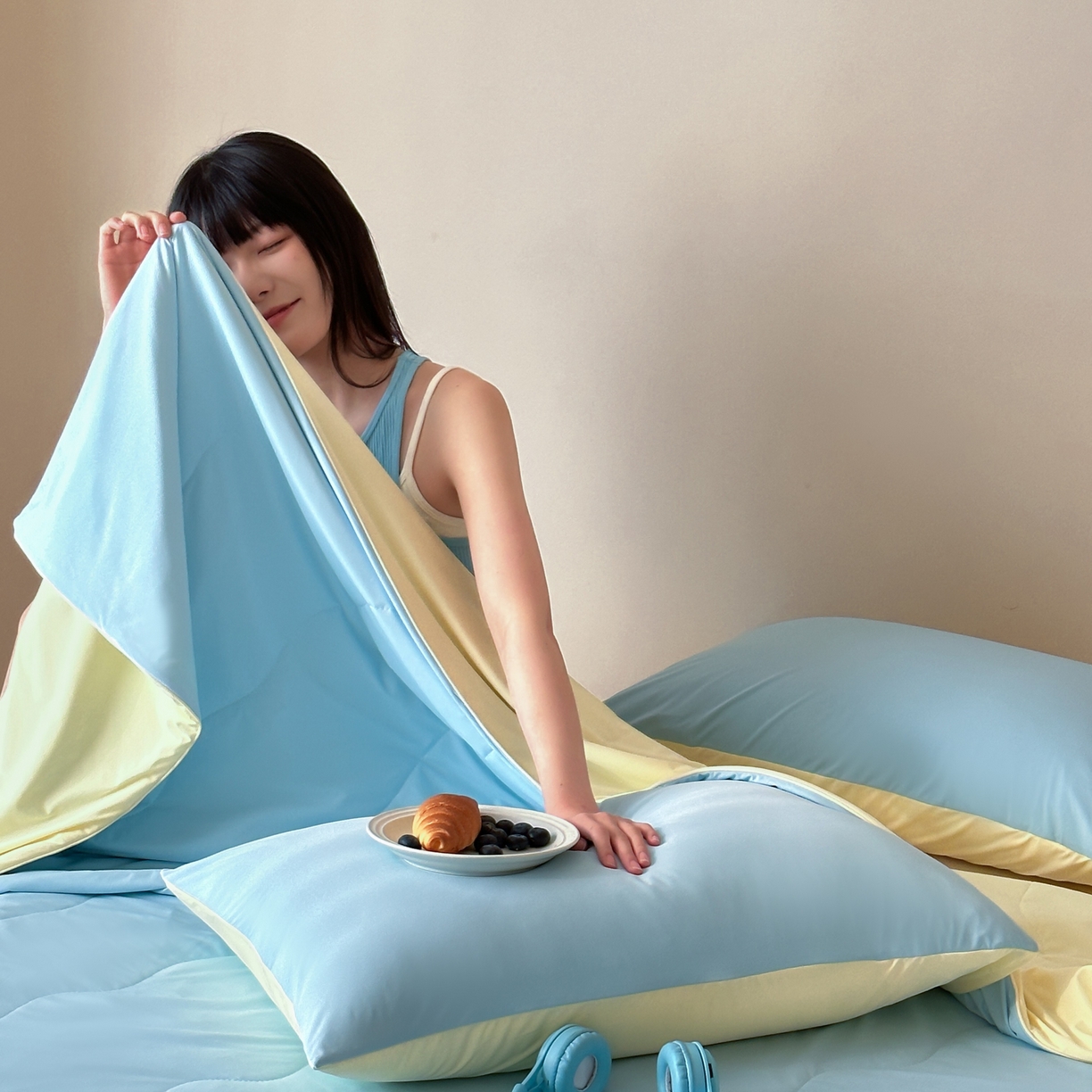 91家纺网 家纺一手货源 找家纺 觅糖家纺 2025春夏新款亲肤纯色雪糕夏被夏凉被空调被 奶油蓝