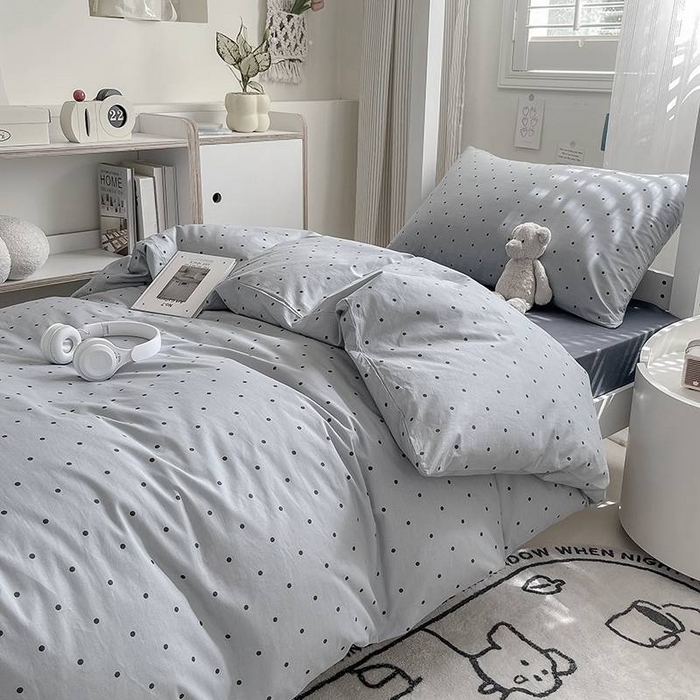 梦可莱家居 2025春夏新款全棉纯棉针织棉印花四件套 灰底圆点