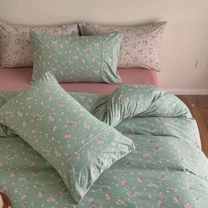 91家纺网 家纺一手货源 找家纺 梦可莱家居 2025春夏新款全棉纯棉针织棉印花四件套 绿底春藤杜鹃