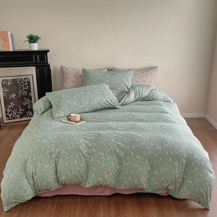 91家纺网 家纺一手货源 找家纺 梦可莱家居 2025春夏新款全棉纯棉针织棉印花四件套 绿底春藤杜鹃