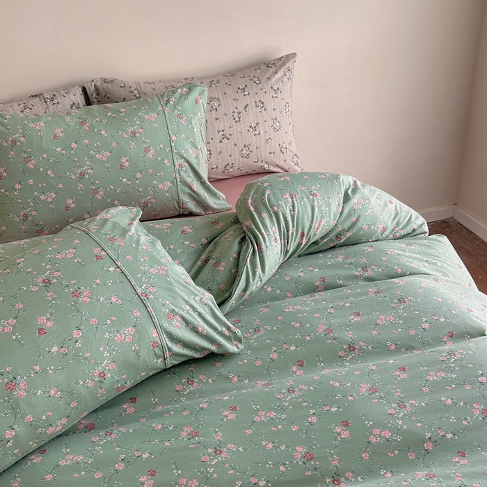 91家纺网 家纺一手货源 找家纺 梦可莱家居 2025春夏新款全棉纯棉针织棉印花四件套 绿底春藤杜鹃