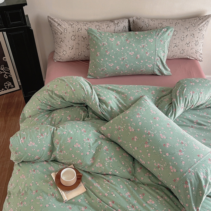 91家纺网 家纺一手货源 找家纺 梦可莱家居 2025春夏新款全棉纯棉针织棉印花四件套 绿底春藤杜鹃