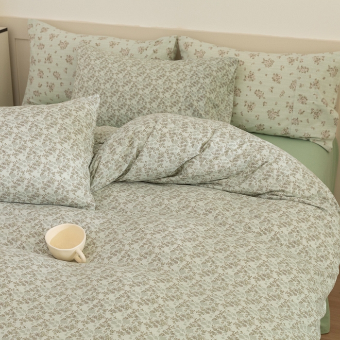 梦可莱家居 2025春夏新款全棉纯棉针织棉印花四件套 绿底小苔花