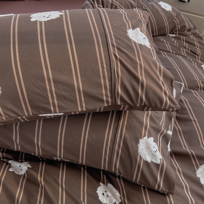 91家纺网 家纺一手货源 找家纺 梦可莱家居 2025春夏新款全棉纯棉针织棉印花四件套 条纹小狗