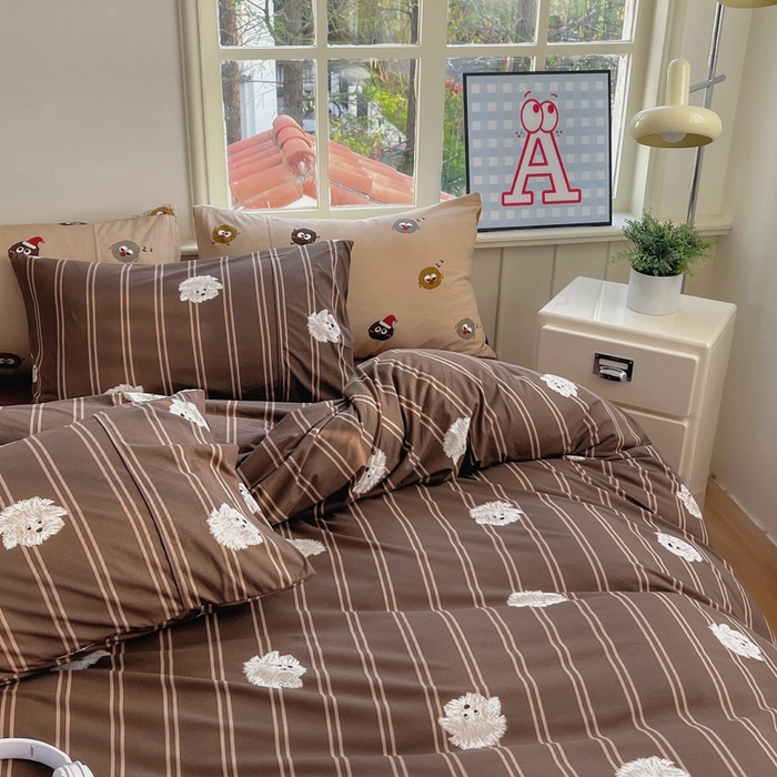 91家纺网 家纺一手货源 找家纺 梦可莱家居 2025春夏新款全棉纯棉针织棉印花四件套 条纹小狗