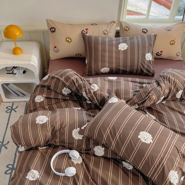 91家纺网 家纺一手货源 找家纺 梦可莱家居 2025春夏新款全棉纯棉针织棉印花四件套 条纹小狗