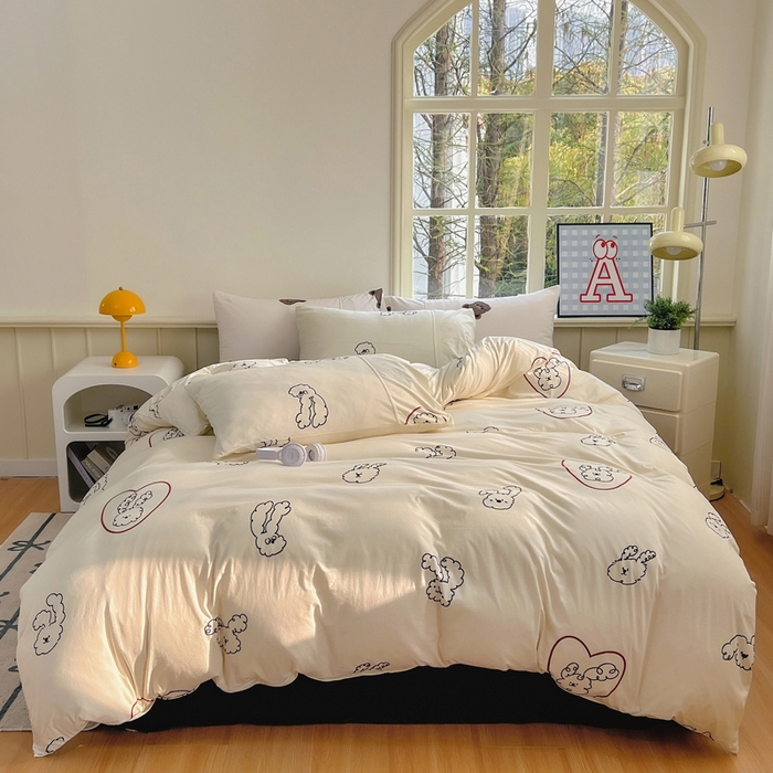 91家纺网 家纺一手货源 找家纺 梦可莱家居 2025春夏新款全棉纯棉针织棉印花四件套 小卷毛