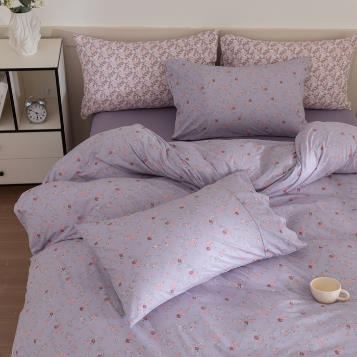 91家纺网 家纺一手货源 找家纺 梦可莱家居 2025春夏新款全棉纯棉针织棉印花四件套 紫底春藤杜鹃