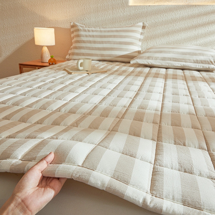 91家纺网 家纺一手货源 找家纺 丽诺床垫 2025新款亲肤舒适全棉纯棉色织棉花床褥床垫 米色-宽条