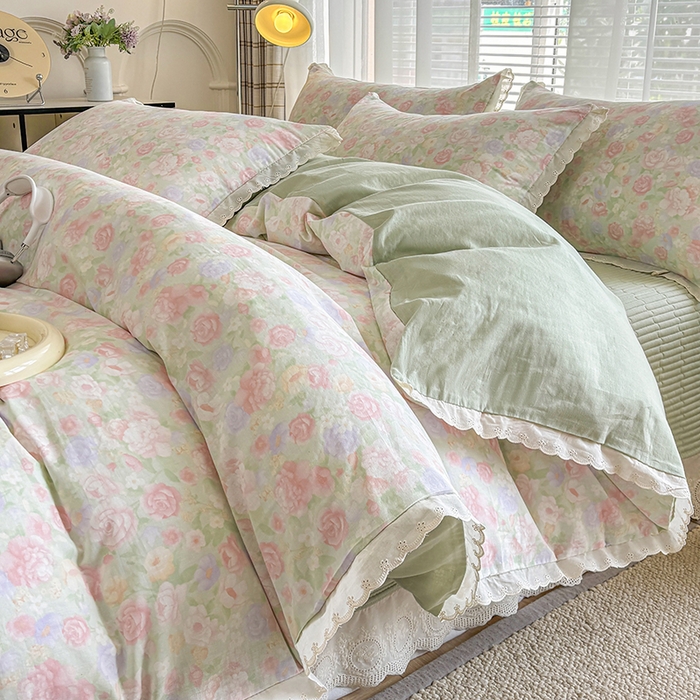 91家纺网 家纺一手货源 找家纺 （总）金艾草2026新款床盖款A类纯棉双层纱花边四件套