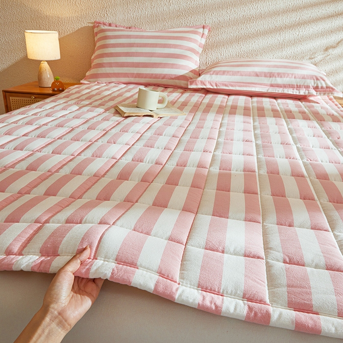 91家纺网 家纺一手货源 找家纺 丽诺床垫 2025新款亲肤舒适全棉纯棉色织棉花床褥床垫 少女粉-宽条