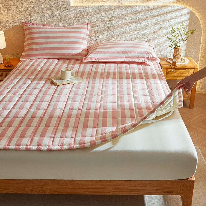 91家纺网 家纺一手货源 找家纺 丽诺床垫 2025新款亲肤舒适全棉纯棉色织棉花床褥床垫 少女粉-宽条