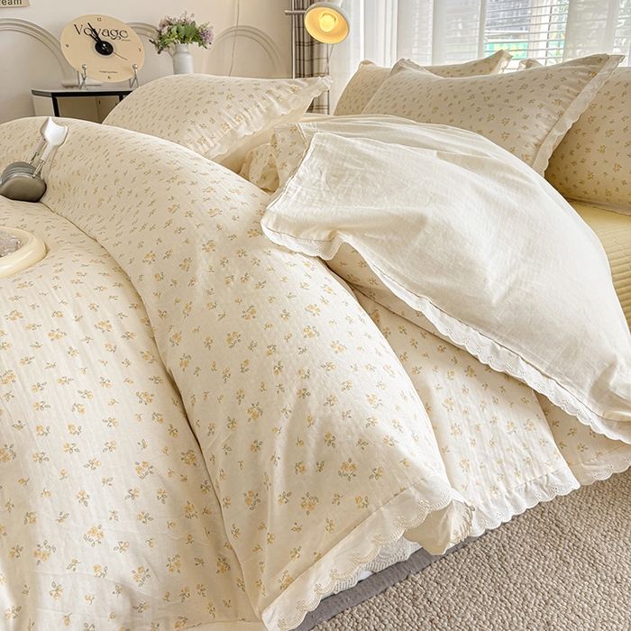 金艾草2026新款床盖款A类纯棉双层纱花边四件套 奶油黄-小花