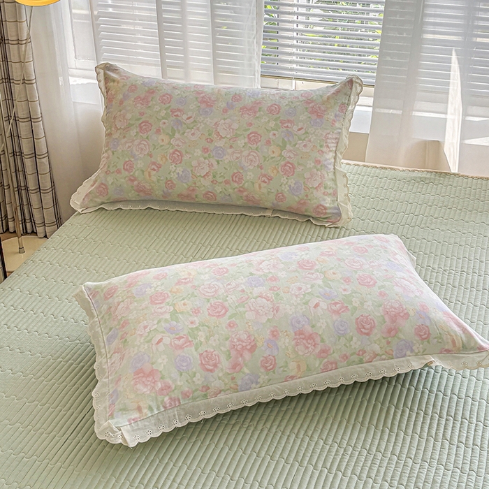 91家纺网 家纺一手货源 找家纺 金艾草2026新款床盖款A类纯棉双层纱花边四件套 清桃绿