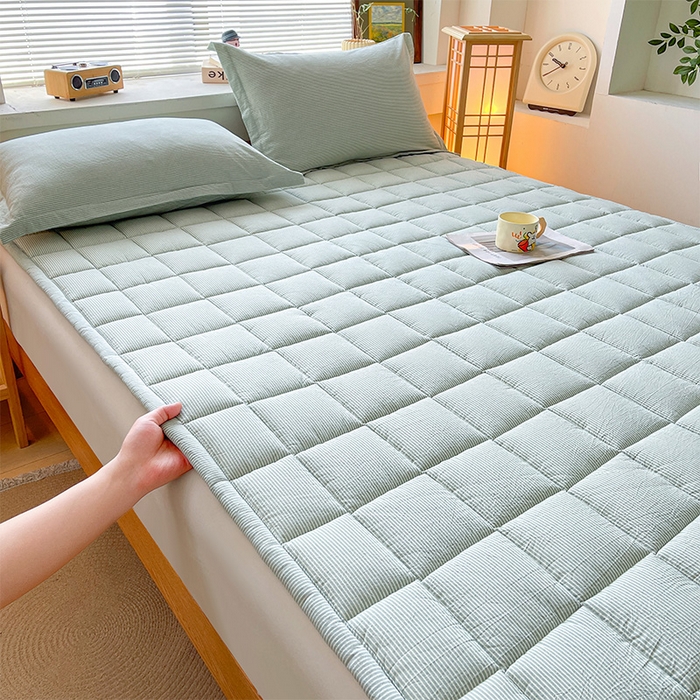 91家纺网 家纺一手货源 找家纺 丽诺床垫 2025新款亲肤舒适全棉纯棉色织棉花床褥床垫 细条绿